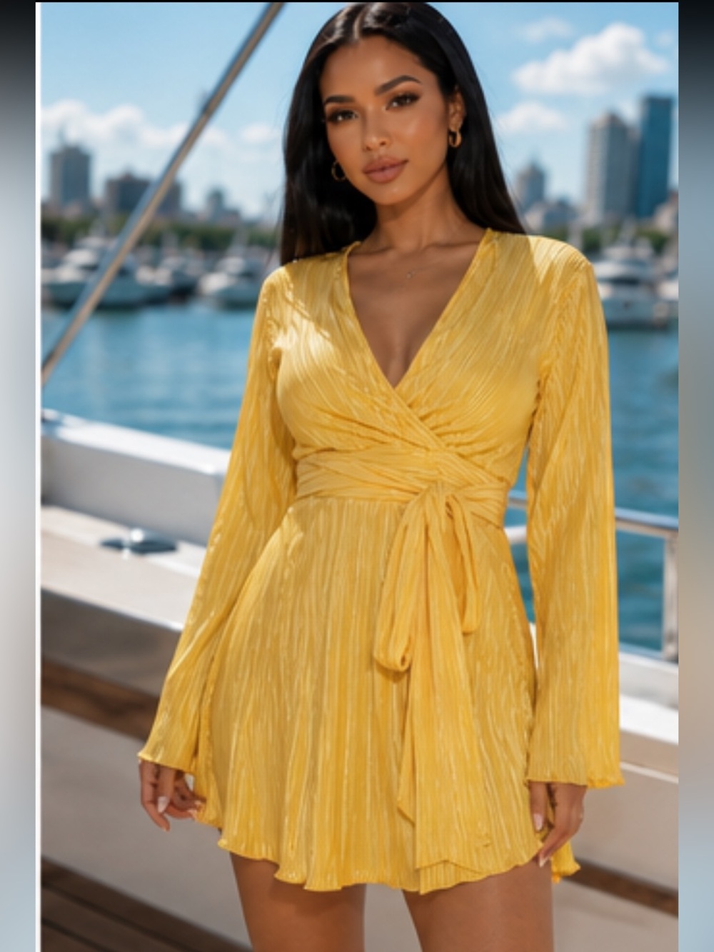Fashion Nova Yellow Satin Crinkle Faux Wrap Mini Dress — XS, NWT